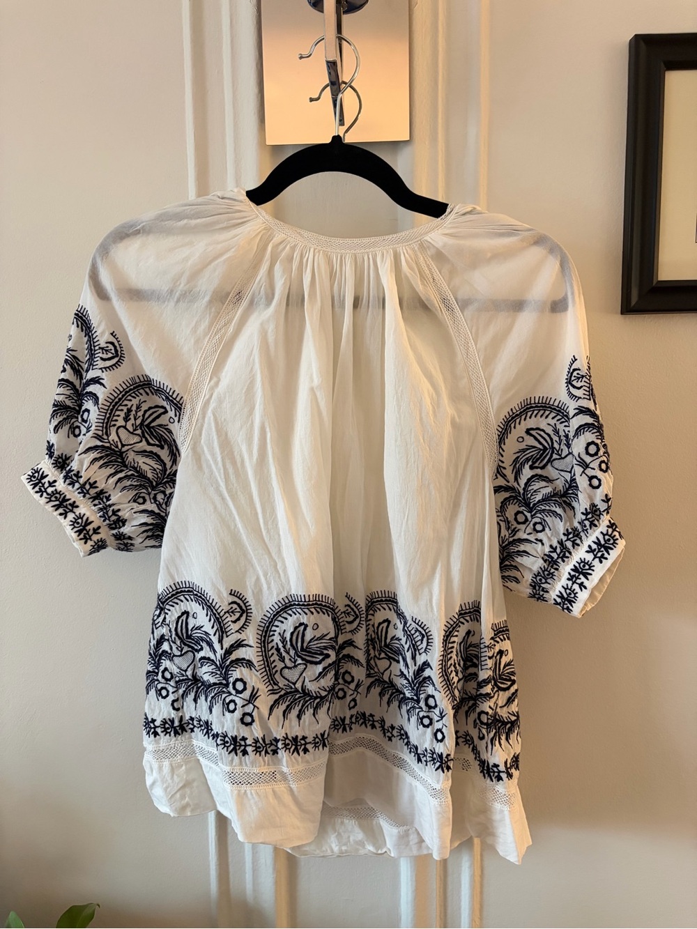Ulla Johnson White Cotton Blouse with Navy Embroidery